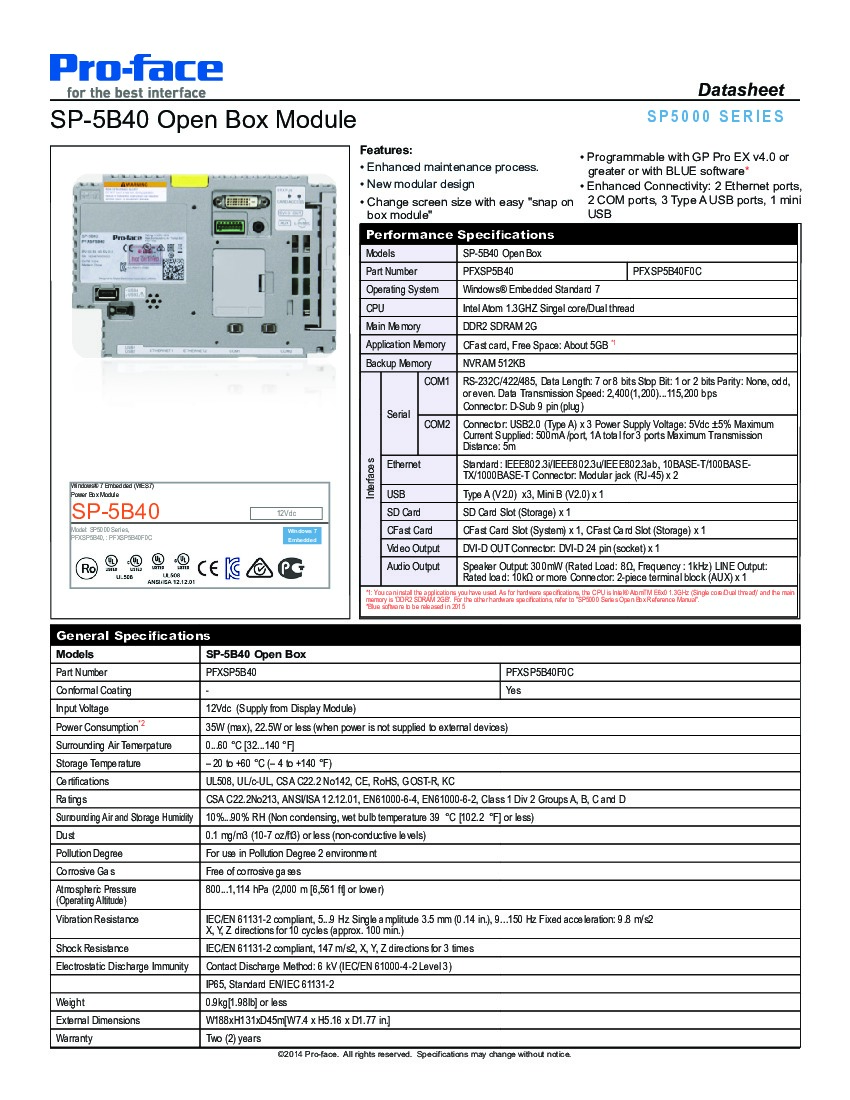 First Page Image of Pro-face PFXSP5B40 Datasheet.pdf